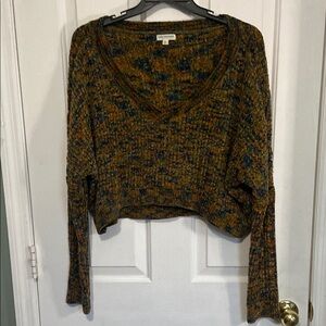 -EARTHBOUND Brown and Blue V-Neck Sweater with Chunky Knit and Cropped St…